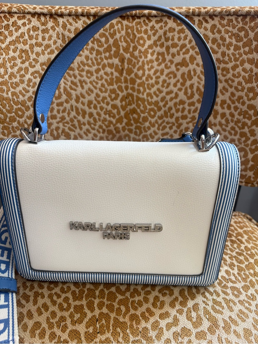 Karl Lagerfeld White and Light Blue Top Handle Shoulder Bag with Stripe Trim - Picture 3 of 11